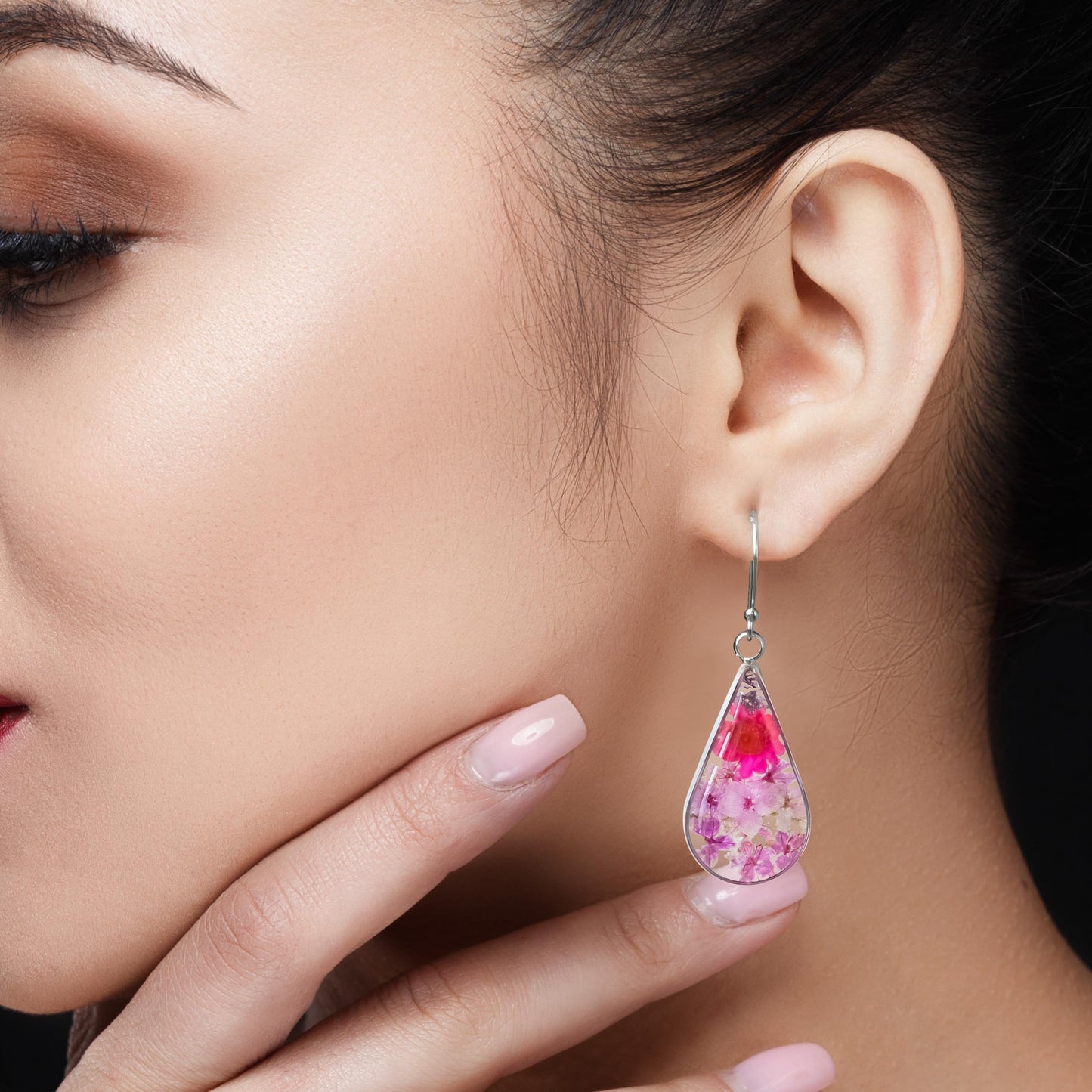 925 Sterling Silver Pressed Flower Teardrop Earrings,Hypoallergenic Women's Jewelry Gift for Mom,Handmade natural dried flower teardrop earrings Jewelry Gift (Emerald Rose Pink)