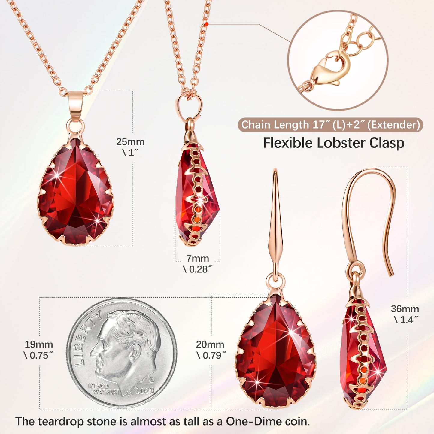 Linawe Lab Created Garnet Ruby Crystal Wedding Jewelry Sets Rose Imitation Gold Plated, Imitation Diamond Pendant Necklace Set, Drop Dangle Red Earring Set, Teardrop Rhinestone Fake Birthstone Matching Jewelry for Women