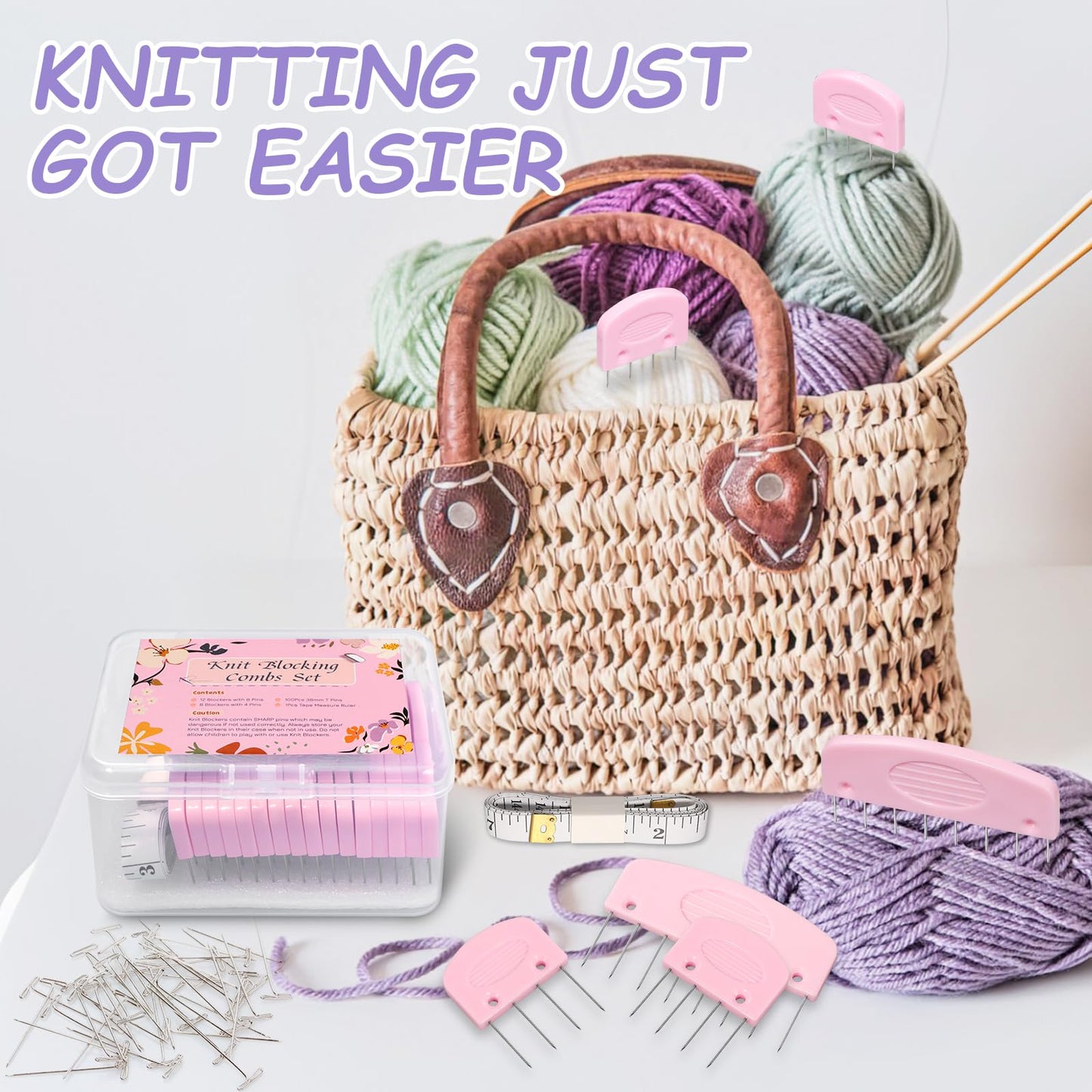 120 Pcs Knit Blocking Combs Pins Kit, 20Pcs Pink Color Knit Blockers Pins Kit, 100 T-pins for Blocking Knitting Crochet, Needlework Projects, Knitting Block Pins Tool for Blocking Mats