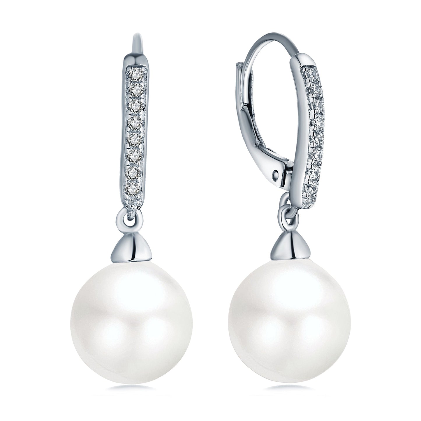 925 Sterling Silver Round 10MM Pearl Earrings Drop & Dangle Leverback Earrings,Jewelry for Women