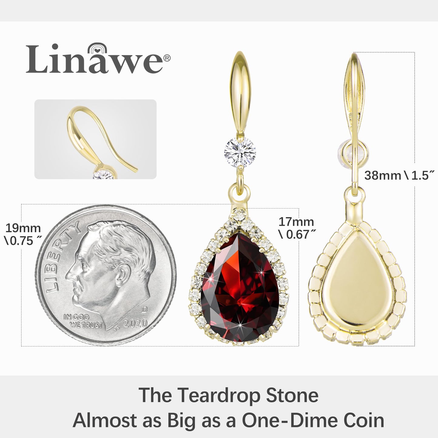 Linawe Ruby Imitation Diamond Dangle Earrings for Women, 14K Gold Rhinestone Cubic Zirconia Crystal Teardrop Earrings, Wedding Bride Bridesmaids Earrings, Birthstone Jewelry