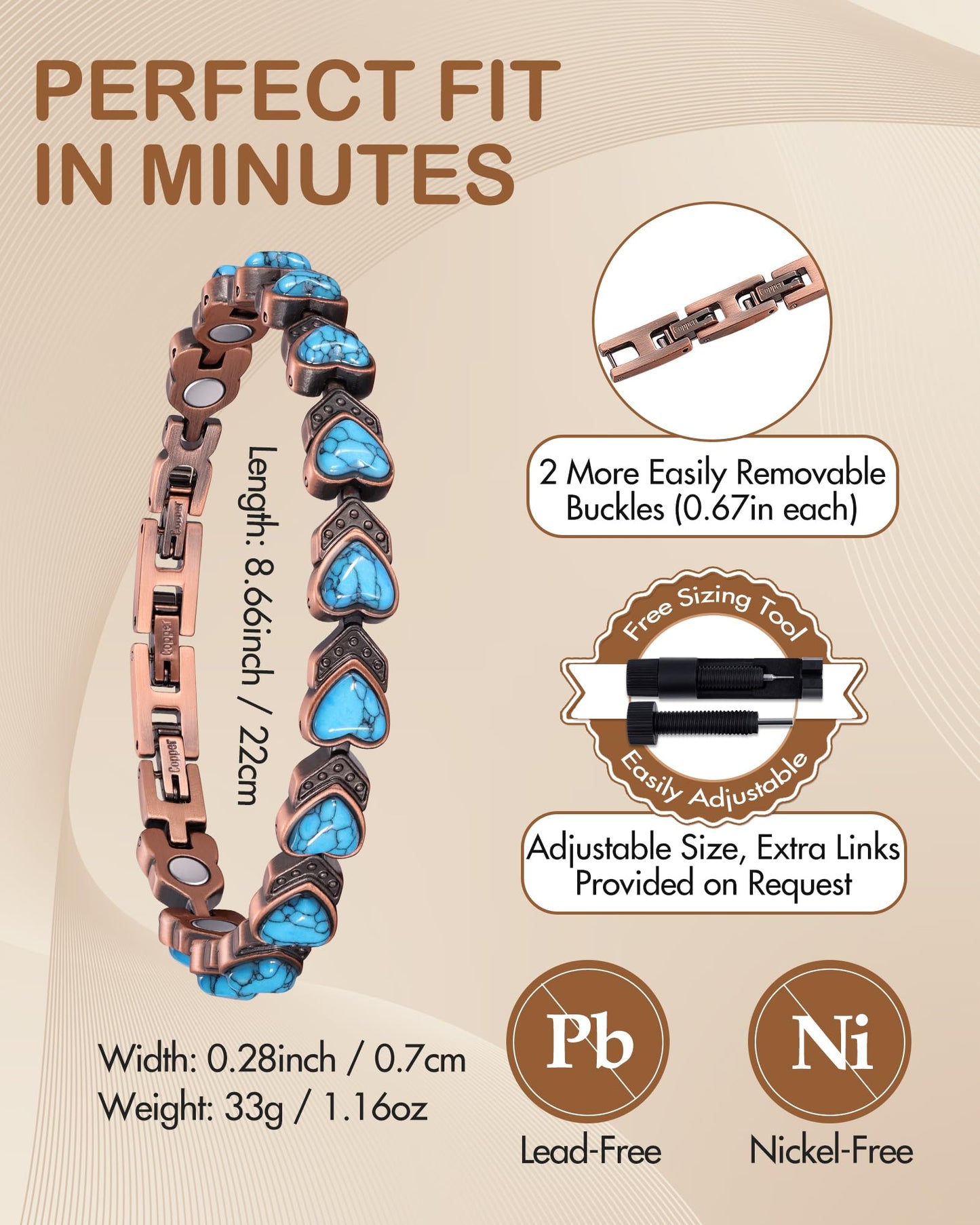 Feraco Pure Copper Bracelets for Women, Ultra Strength Magnetic Bracelet with 3800 Gauss Magnets & Natural Turquois, Adjustable Jewelry