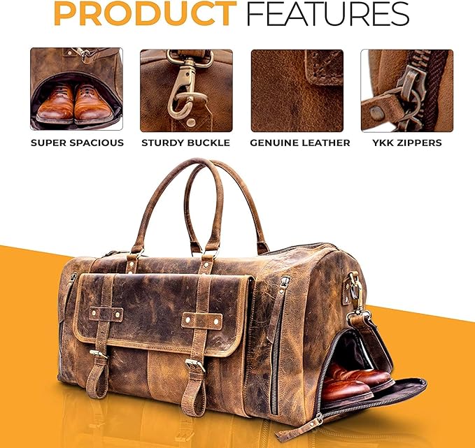 KomalC 24 Inch Leather Duffel Bags for Men and Women Full Grain Leather Travel Overnight Weekend Leather Bags Sports Gym Duffle for Men (Brown Tan with shoe pocket)
