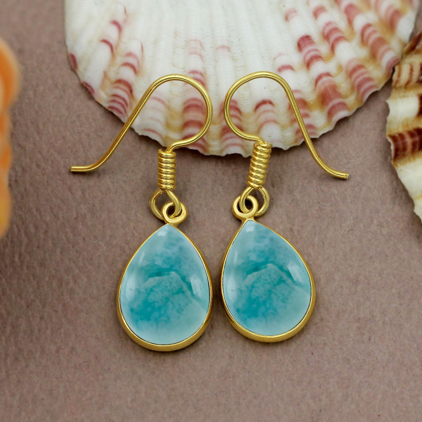 Natural Larimar 14K Yellow Gold Plated Dangle Earrings for Women - Teardrop Shape Blue Gemstone Vintage Style Handmade Earrings - Christmas Wedding Gifts for Her