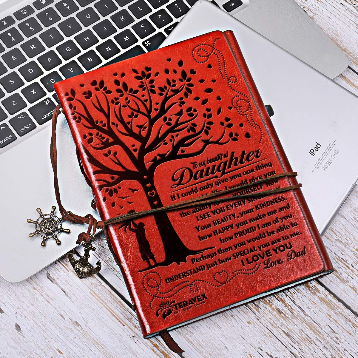 Dad To Daughter Gifts with Inspirational Quotes - Retro Tree of Life Faux Leather Cover Writing Journal, Personal Diary, Lined Journal, Travel, Notebook, Writers Notebook, Refillable for Teen Girls