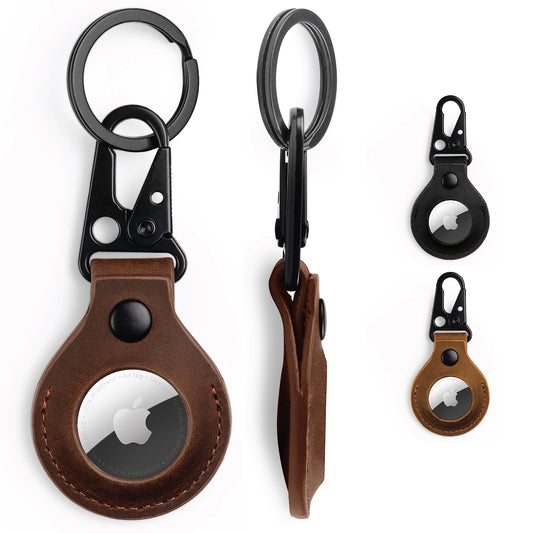 KORDIZ Leather Holder Compatible with Airtag - Keychain with Clasp, Full Grain Crazy Horse Leather Cases for Apple Air Tags Protective Cover Accessories - Handmade (Dark Brown)