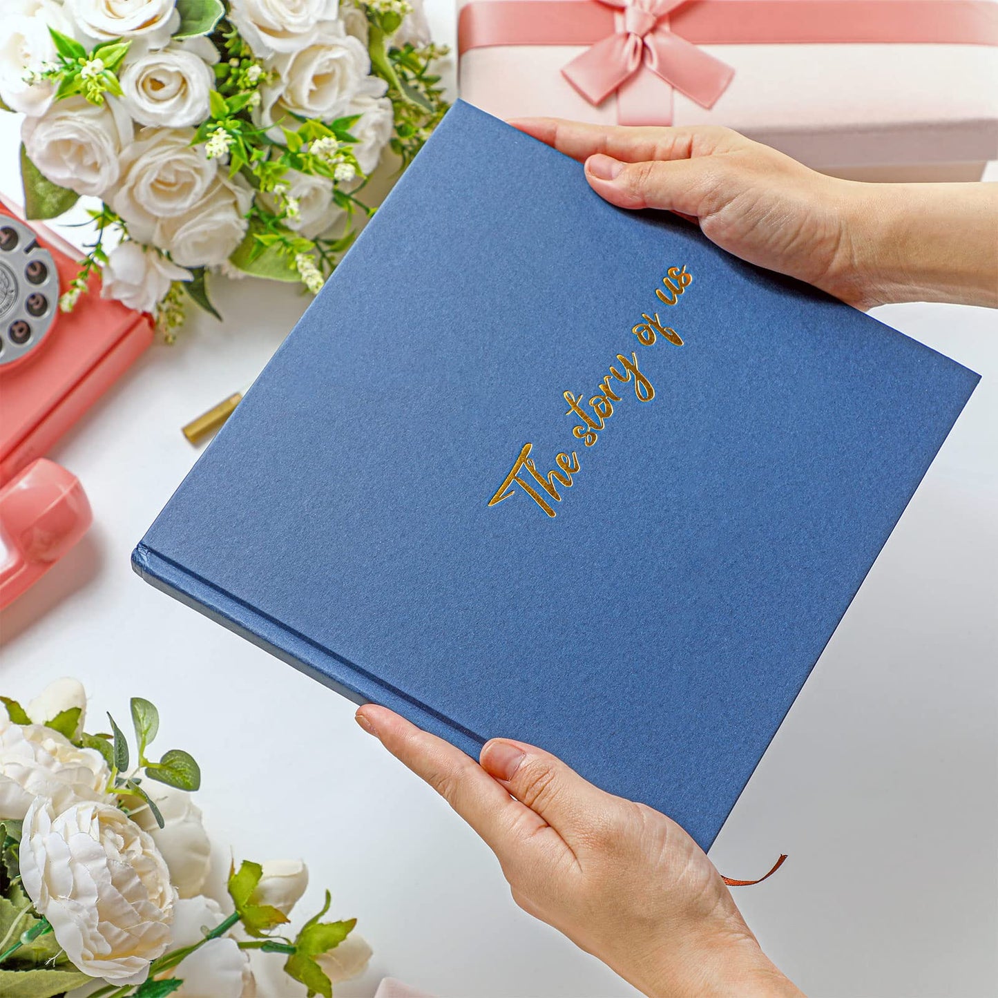 Colarr Hardcover Couples Scrapbook 144 Pages 8.7 x 8.7" Wedding Couples Photo Album Scrapbook Journal for 1 Year Wedding Memory Anniversary Photo Book Gift with 2 Markers(Navy Blue,the Story of Us)