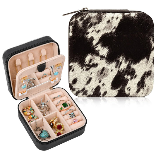 DEEKA Western Jewelry Box Case Real Leather Cow Print Cowhide Tooled Travel Jewelry Organizer Gifts Christmas Gifts for Women Country Girls Cowgirl Stuff Portable Travel Accessories -Black