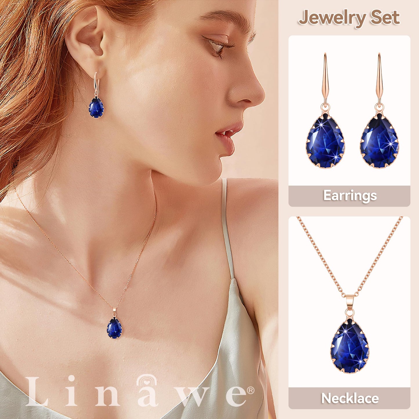 Linawe Sapphire Crystal Boho Jewelry Sets for Women, Navy Blue Earring Set Rose Gold Pendant Necklace Imitation Diamond Rhinestone Matching Cubic Zirconia Birthstone Teardrop