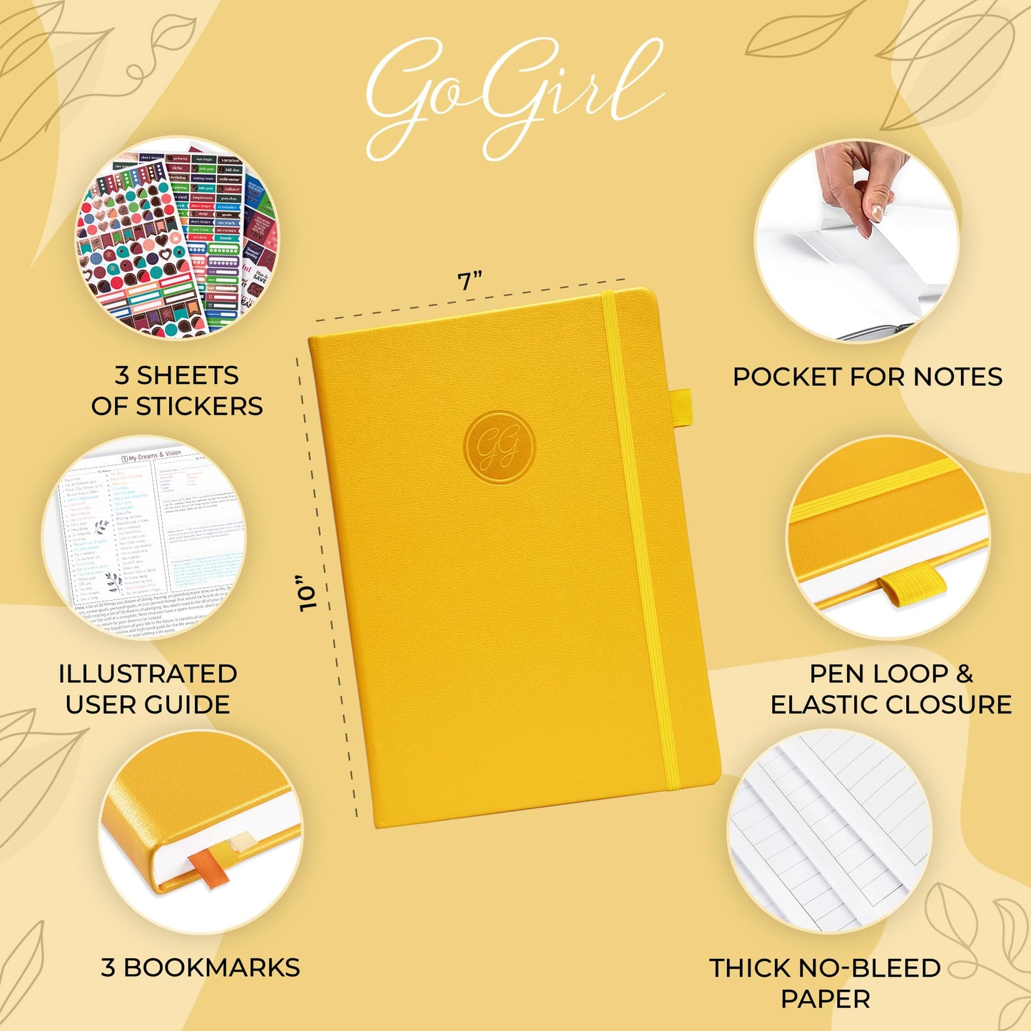 GoGirl Planner PRO Schedule - Undated Planner with Hourly Time Slots, Monthly, Weekly & Daily Organizer, Appointment Book for time Management, 7"x10" Hardcover, Lasts 1 Year - Amber Yellow