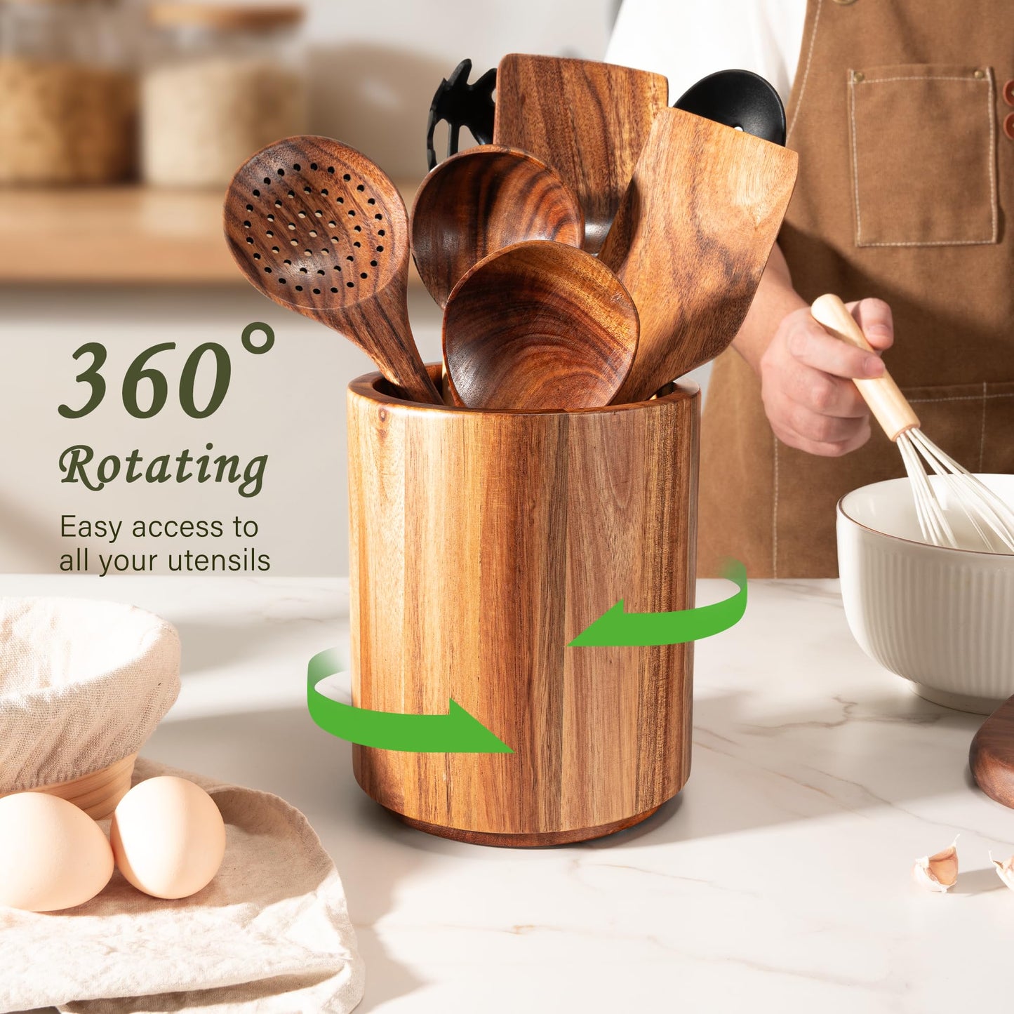 Criusia Utensil Holder 2 Pack, 360° Rotating Acacia Wood Cooking Utensil Crocks for Kitchen Counter, Farmhouse & Modern Decor, (1 Large,1 Small)