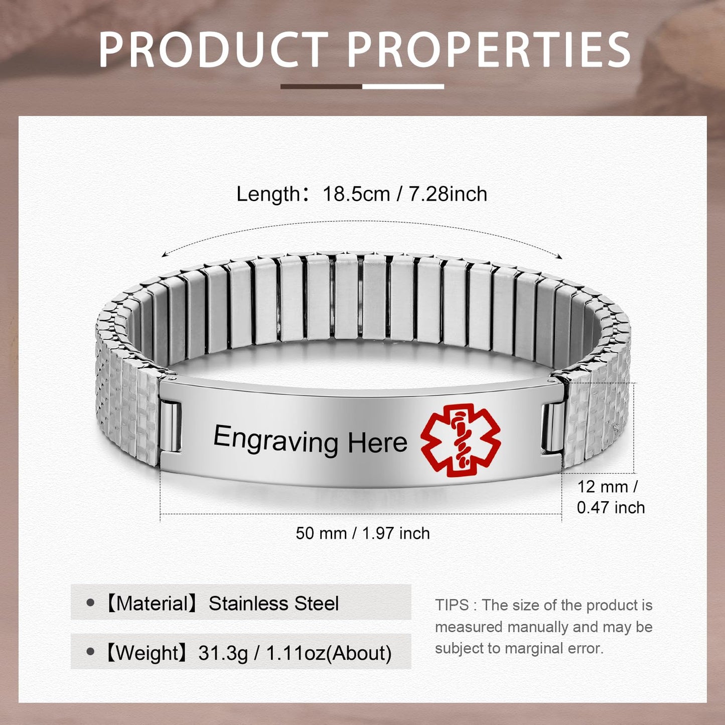 Bijouweled Medical Alert Bracelet for Women Men 7.5 to 9.8 Inches Emergency ID Bracelets Free Engraving Personalized Medic Alert Bracelet for Adult (Silver 7.3inch stretchable)
