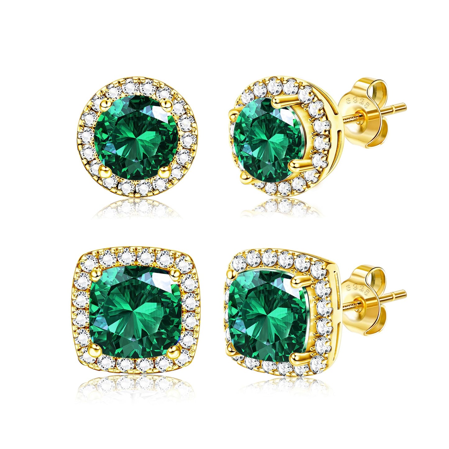 Hayoso Cubic Zirconia Stud Earrings for Women Men Sterling Silver Earring Post Hypoallergenic 14k Gold Plated Round&Square Earrings Gold&Green