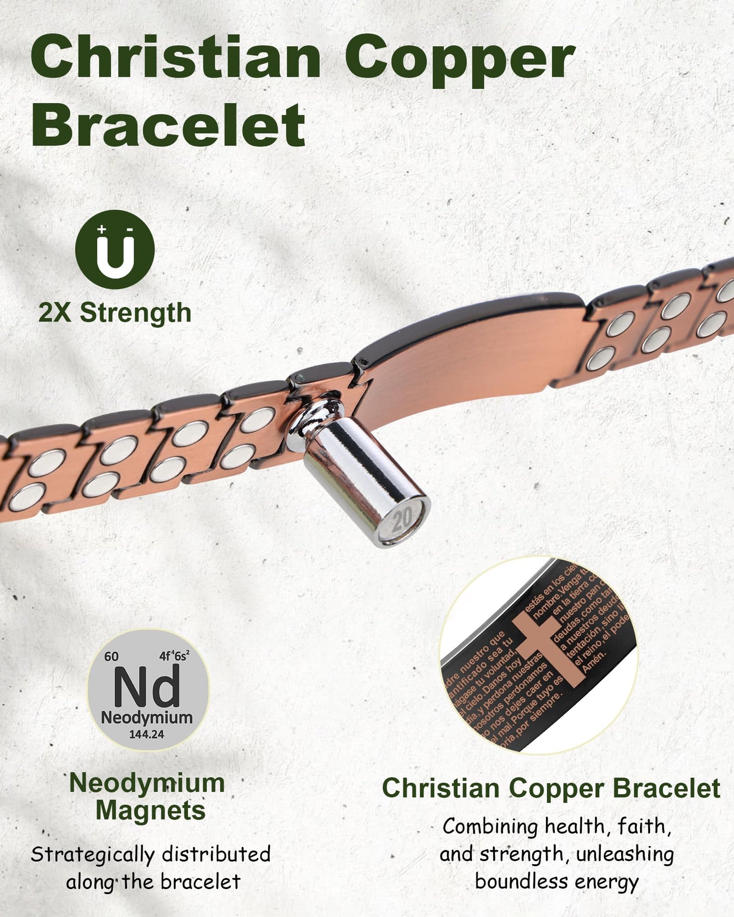 MagEnergy Copper Bracelet for Men, 99.99% Cross Copper Magnetic Bracelet with Strength 3500 Gauss Magnets, Pulsera de Cobre para Hombres, Jewelry Gift for Him