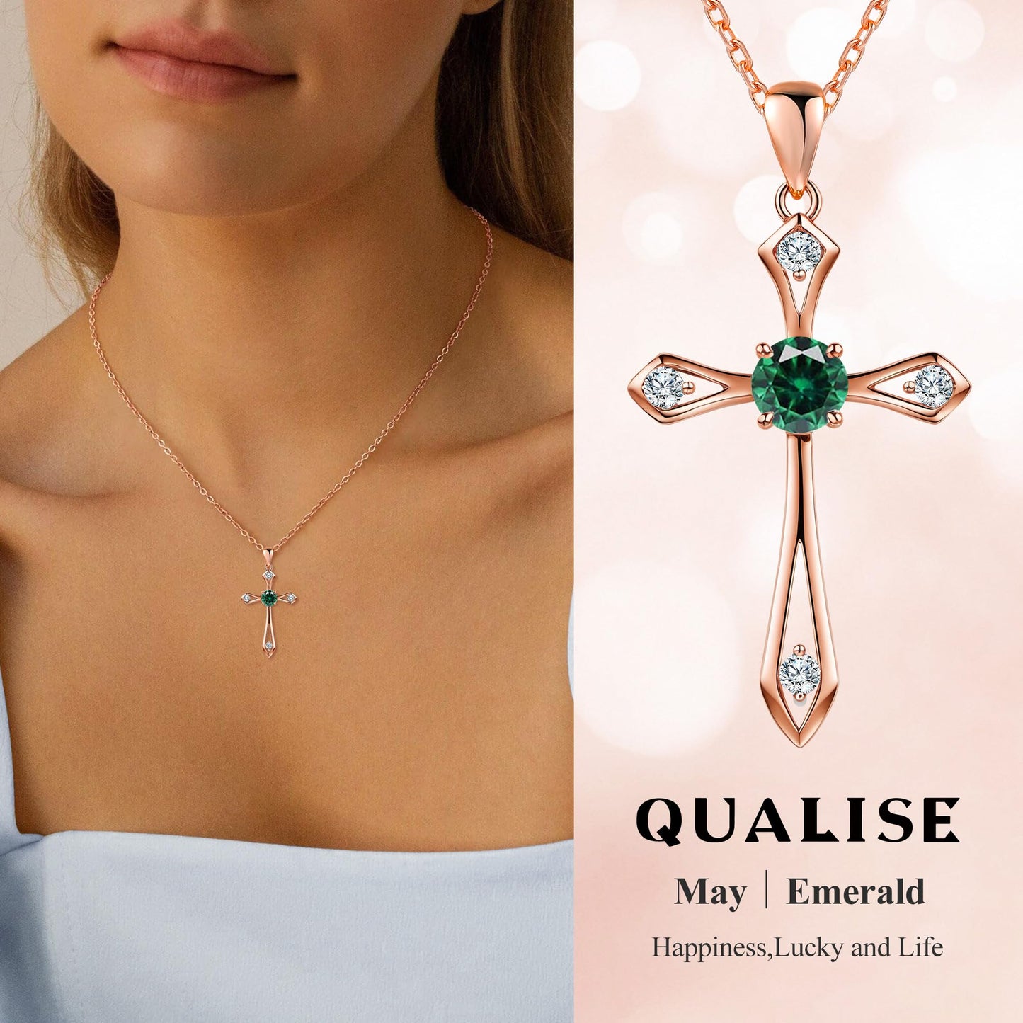 QUALISE Cross Necklace for Women,925 Sterling Silver Birthstone Necklace,Emerald-May Birthstone Cross Necklace, Faith Religious Fine Jewelry Valentines Day Gifts Birthday Holiday Gifts for Her