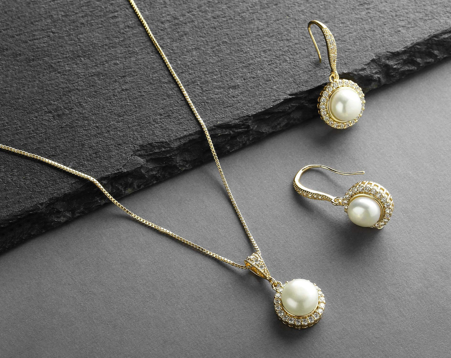 Mariell Pearl Bridal Wedding Necklace & Earrings Jewelry Set for Brides, Bridesmaids, 14K Gold Plated Bridal Jewelry