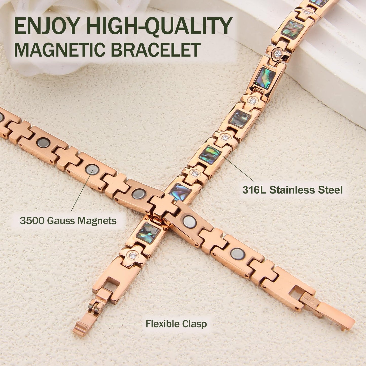 MagEnergy Magnetic Bracelet for Women, Titanium Steel Strength Magnetic Bracelet with Sizing Tool, Adjustable Jewelry Gifts (Rose Gold)