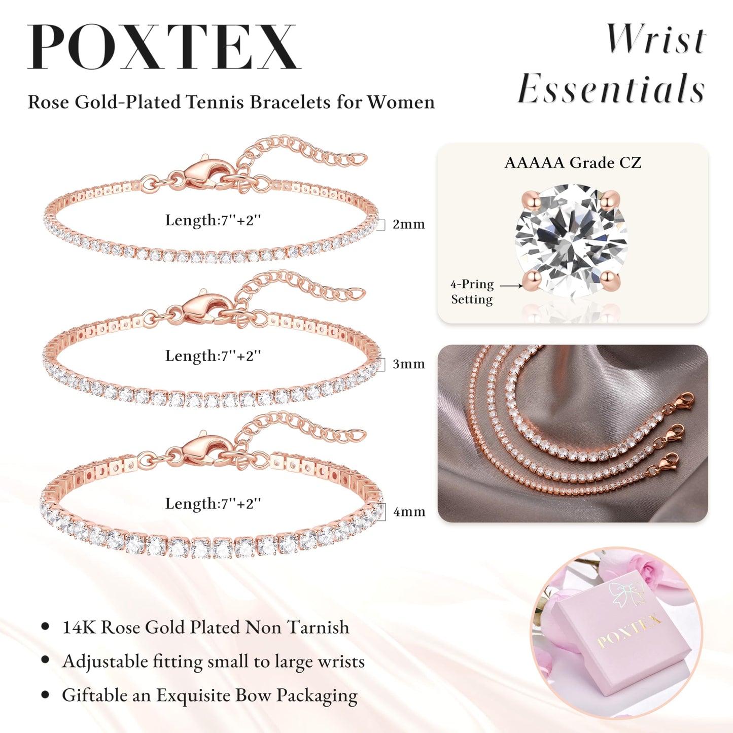 Poxtex Rose Gold Tennis Bracelet for Women Stack, Trendy Rose Gold Classic Bracelets Jewelry Set, Women Fashion Accessories for Watch Band