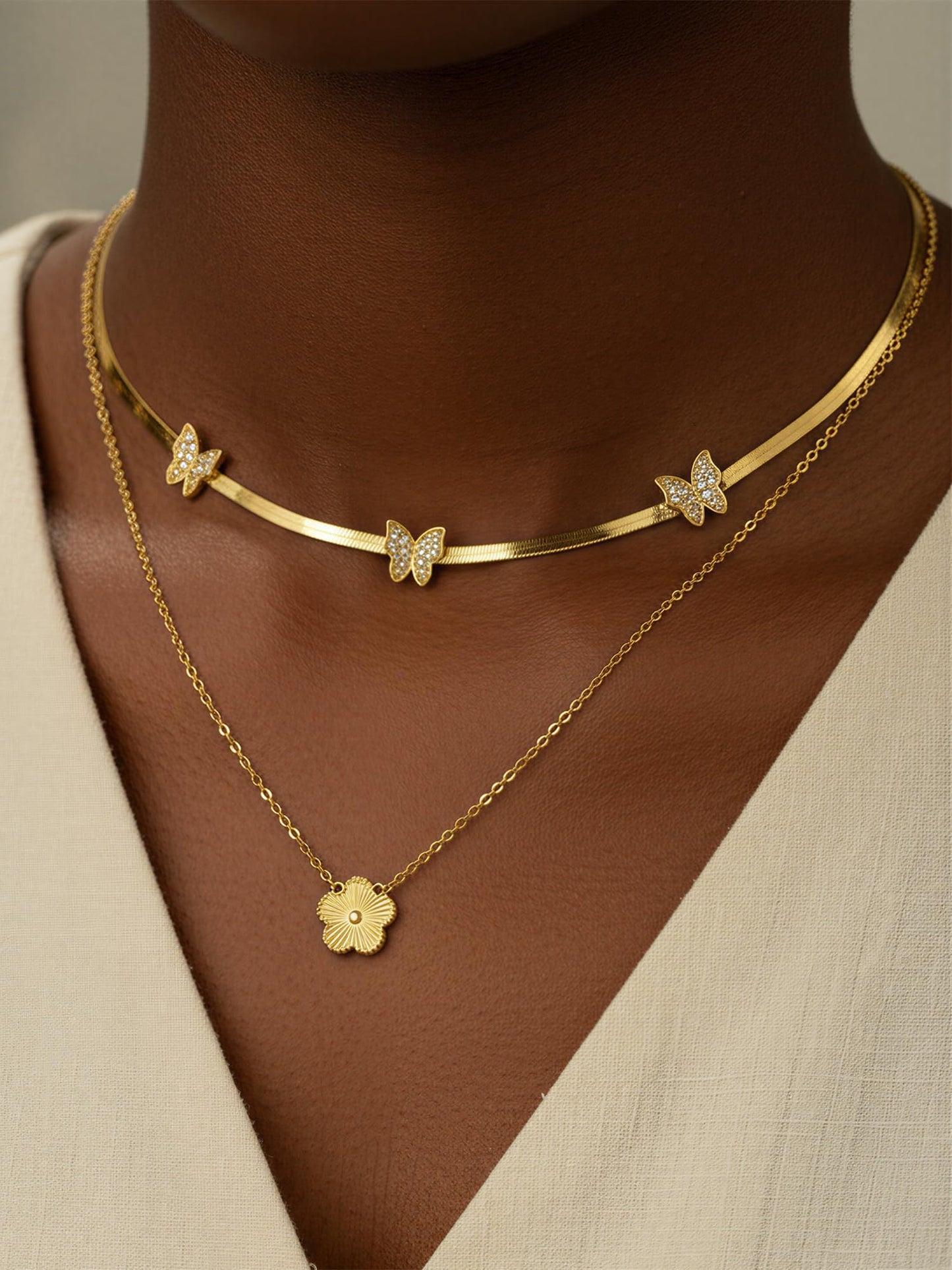 MSCHA HOME Gold Necklace for Women Stack Trendy Non Tarnish Butterfly Herringbone Choker Chain Flower Pendant Cubic Zirconia 14K Gold Plated Simple Dainty Double Layered Jewelry Set Gift