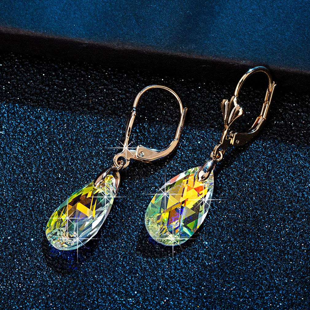 Austrian Crystal Teardrop Leverback Dangle Earrings for Women Fashion 14K Gold Plated Hypoallergenic Jewelry (Aurora Borealis)