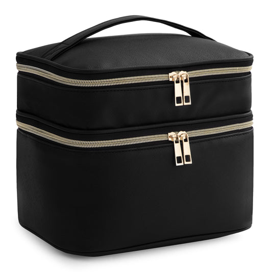 HBlife Double Layer Travel Makeup Bag Portable Cute Leather Cosmetic Bag Large Make Up Bag Makeup Case Organizer Toiletry Bag for Women Girls with Handle and Removable Divider(Black)