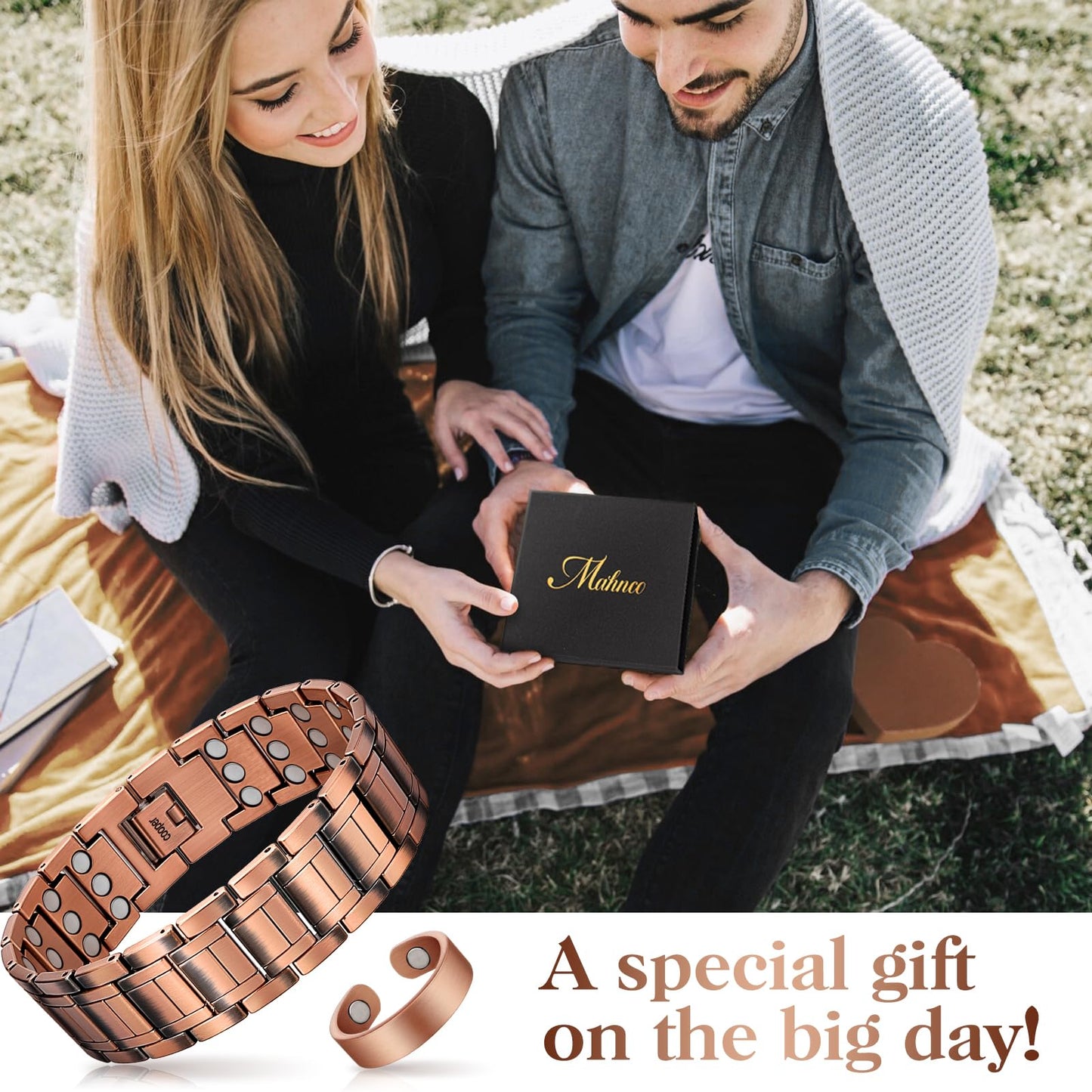 Mahnco Copper Magnetic Bracelet for Men, 3X Ultra Strength 99.99% Pure Copper Bracelets with Magnets,Men's Magnetic Jewelry with Adjustable Sizing Tool