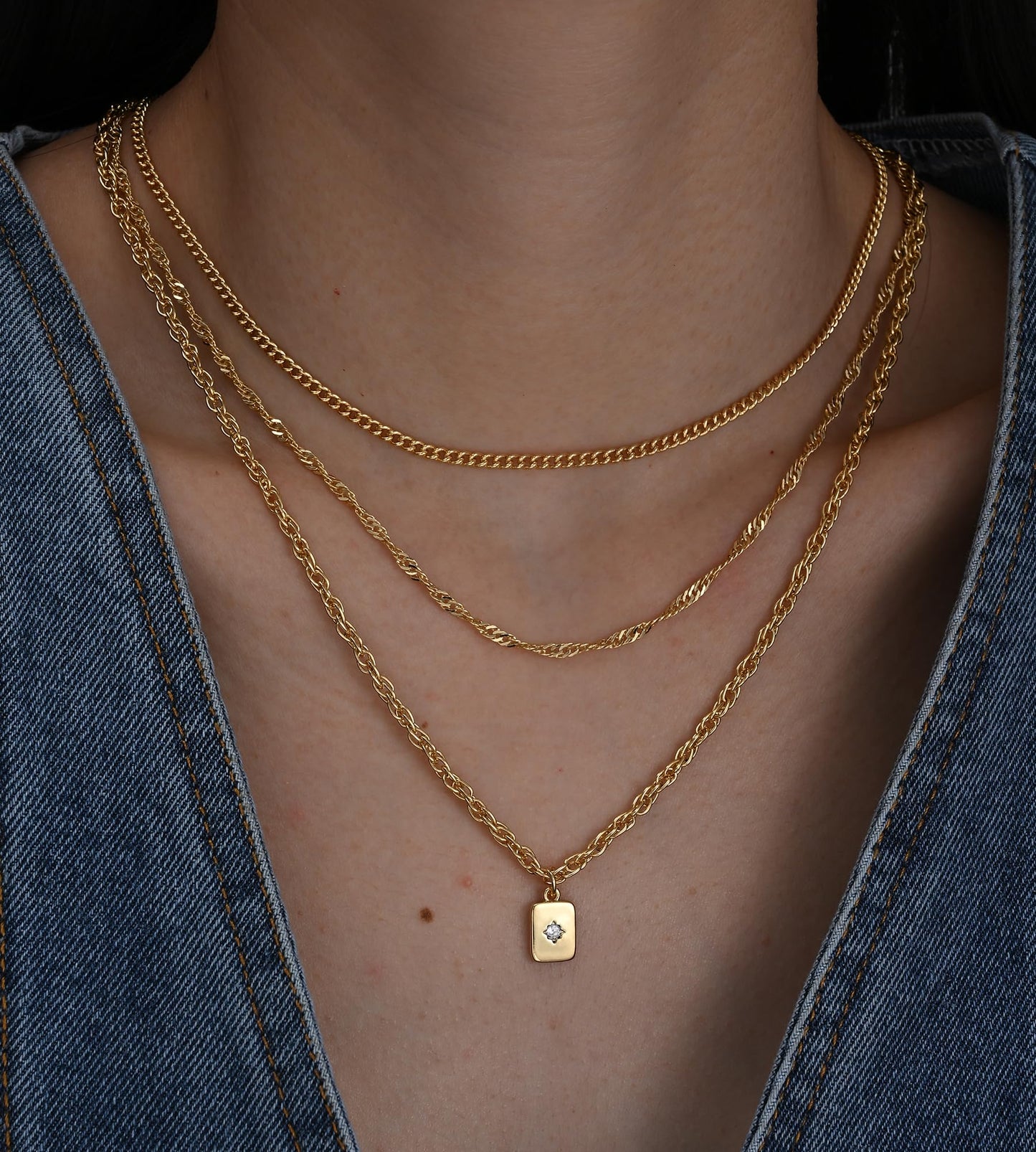 YEEZII Layered Gold Necklaces for Women Trendy, 3 Pcs 14K Gold Plated Choker Paperclip Box Chain Necklace, Stackable Women's Gold Pendant Necklaces Jewelry Set (Yellow Gold)