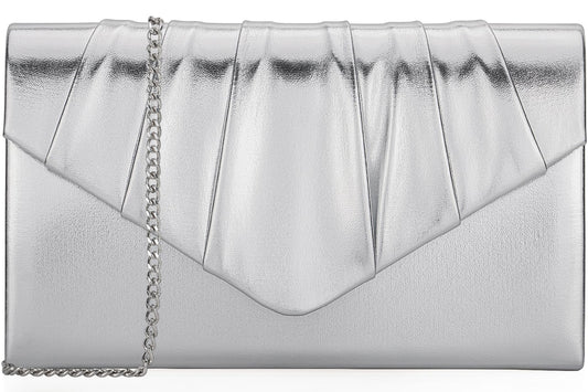 Venoline Women Evening Clutch Purse - Shimmering Metallic PU Leather Pleated Flap Envelope Handbag for Wedding Prom Party Silver