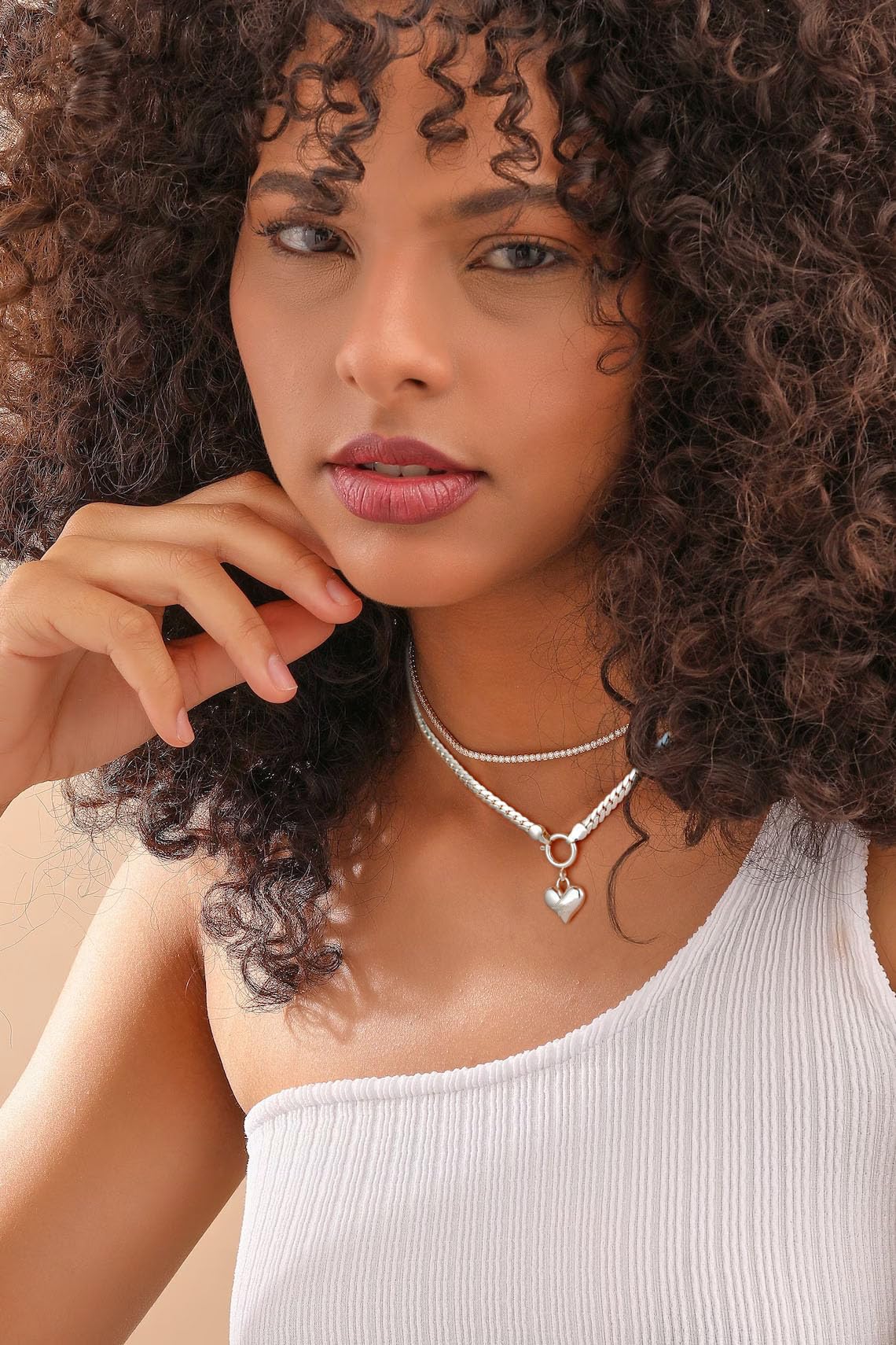 NUZON Love Heart Pendant Necklace for Women Silver Plated Thick Flat Herringbone Snake Chain Choker Engraving “Love You” Charm Sailor Lock Layering Jewelry 16’’