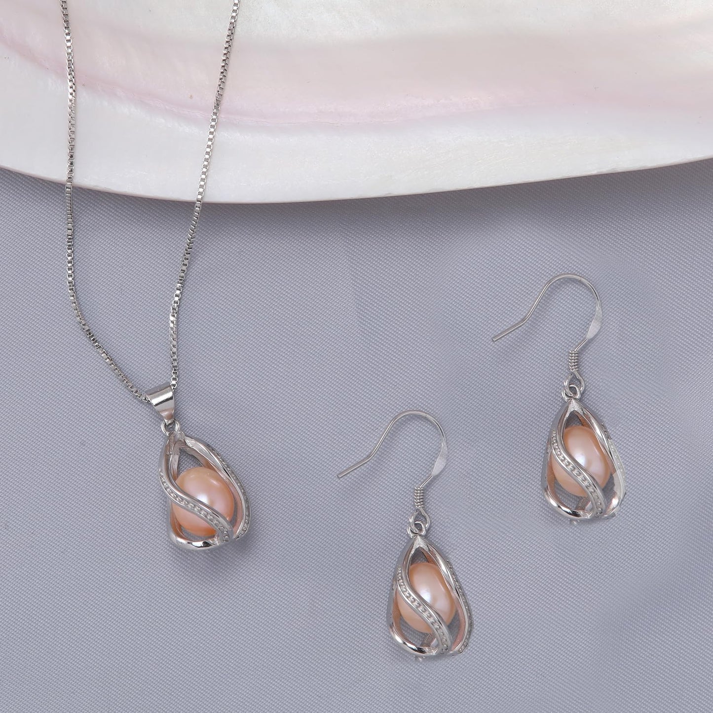 HENGSHENG Pearl Jewelry Set For Women S925 Sterling Silver Necklace & Earrings Set Freshwater Pearl Pendant Cage Set for Wedding Anniversary Prom Birthday Gift - Silvery Pink