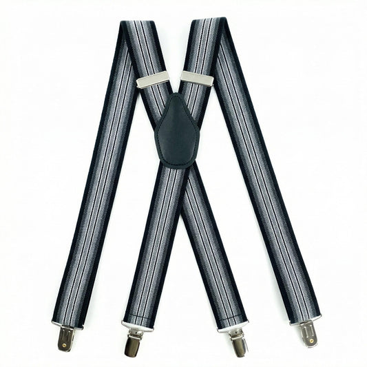 SUITUA Suspenders for Men 1¼" Classic X-Back Clip-on - Adjustable Elastic Suspenders for Jeans, Dress Pants, Wedding & Groomsmen (Triple Black Gradient Stripe)