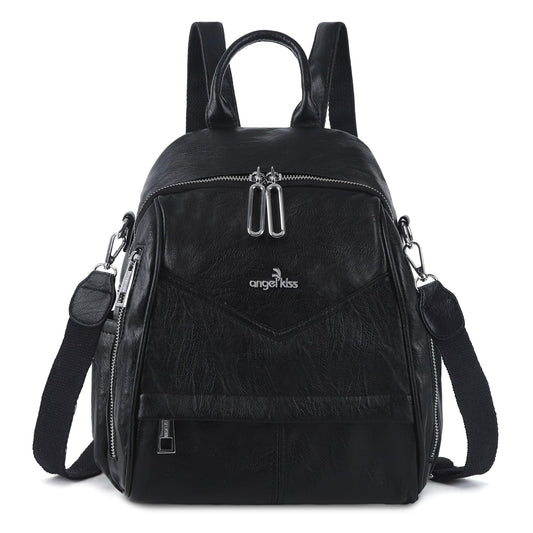Angel Kiss Small Backpack Purse for Women,Soft Vegan Leather Roomy Backpacks,Designer Ladies Shoulder Backpack Fashion Handbag with Removable Strap,Black