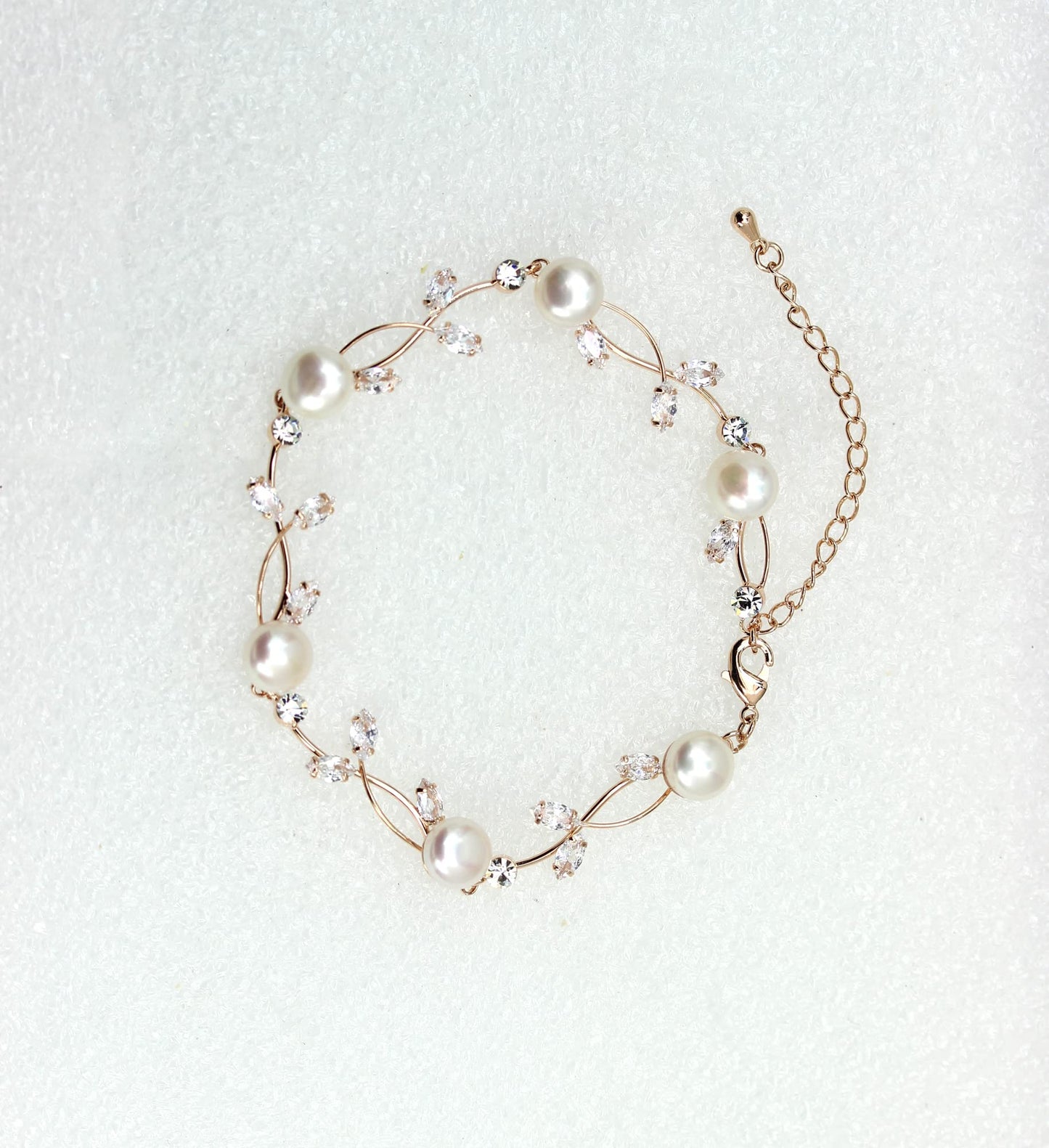 Faship Clear CZ Crystal Genuine Freshwater Pearls Floral Bracelet 7.5" - 9.5" - Clear/Rose Gold Plated/Matching Bracelet