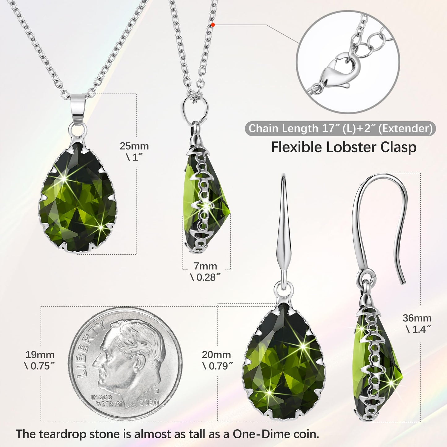 Linawe Peridot Green Crystal Silver Jewelry Sets for Women, Imitation Diamond Cubic Zirconia Pendant Necklace and Birthstone Drop Earrings, Rhinestone Costume Jewelry for Women Sets