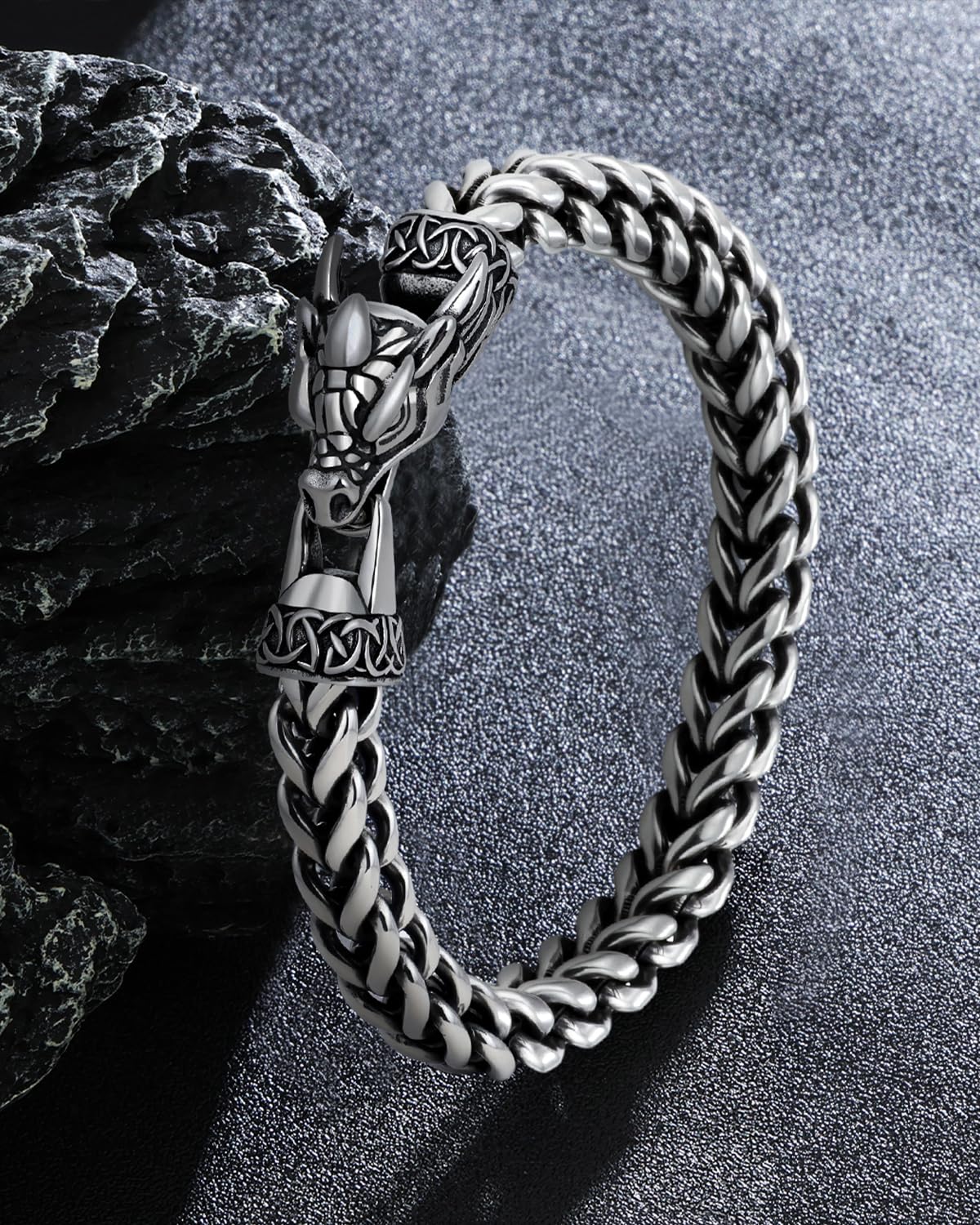 LuxGoth Stainless Steel Dragon Head Heavy Cuban Link Chain Bracelet Gothic Punk Rock Biker Vintage Norse Viking Dragon Franco Link Curb Bracelet Jewelry for Men Silver GTS-B1B45023
