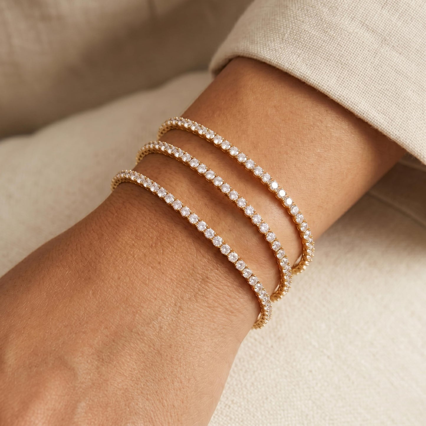 Dainty 2mm Gold Tennis Bracelet Set for Women, 14K Gold Plated Triple Stackable Zirconia Bracelets, Minimalist Professional Jewelry for Business Casual Office Wear, 3-Piece Sparkle Wrist Set