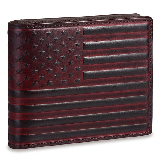 Pefiam Full Grain Leather Wallet for Men, RFID Blocking, Mens Wallet Bifold with 2 ID Windows, Billfold with 13 Card Slots, Leather Gift for Men, American Flag Wallet Red