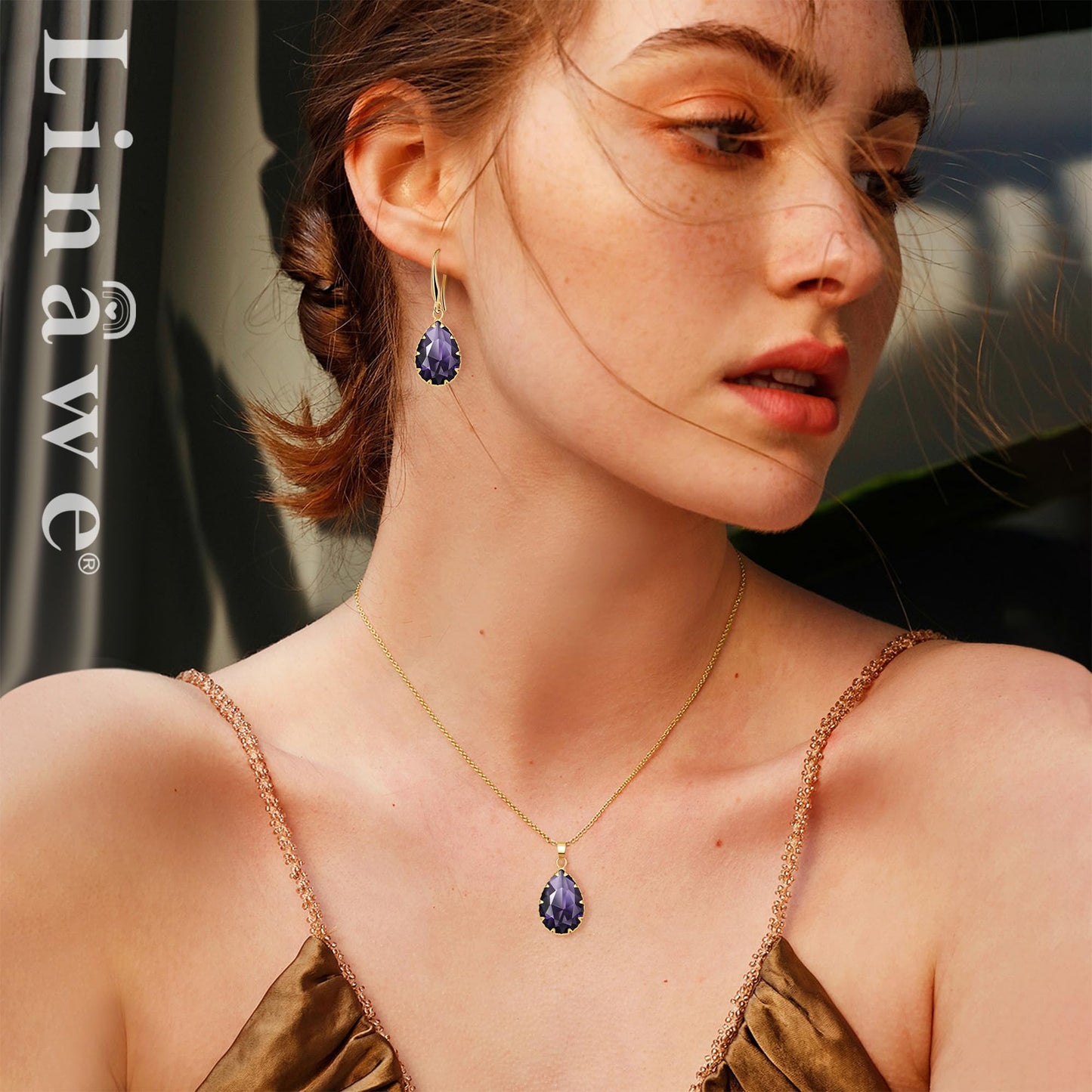 Linawe Lab Created Amethyst Crystal Jewelry Sets, Purple Pendant Necklace, Lavender Imitation Diamond Rhinestone Dangle Earrings, KC Imitation Gold Plated Wedding Jewelry, Teardrop Cubic Zirconia Fake Birthstone