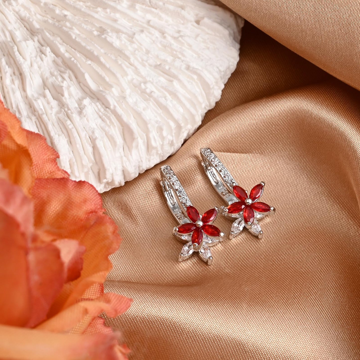 Watforsh 925 Sterling Silver Flower Earrings for Women Dangling Leverback Earrings with Ruby and White Crystal Double Floral