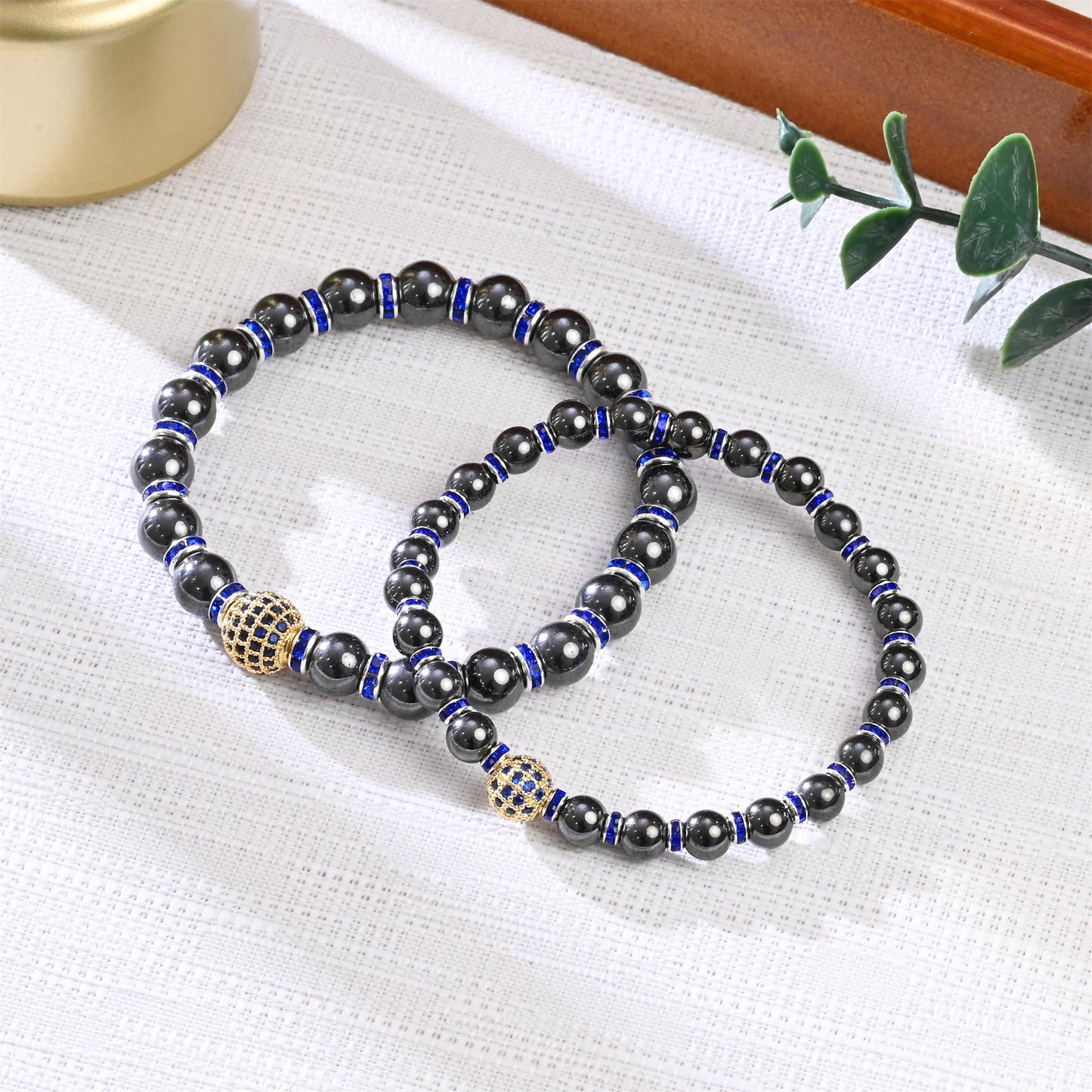 Apocalyptic-K Women's Magnetic Bracelet，Hematite Bracelets，Magnetic Bracelets With Zirconia,Handmade Stretch Bracelet，Eliminates static electricity. (6MM Blue &8MM Zirconia)