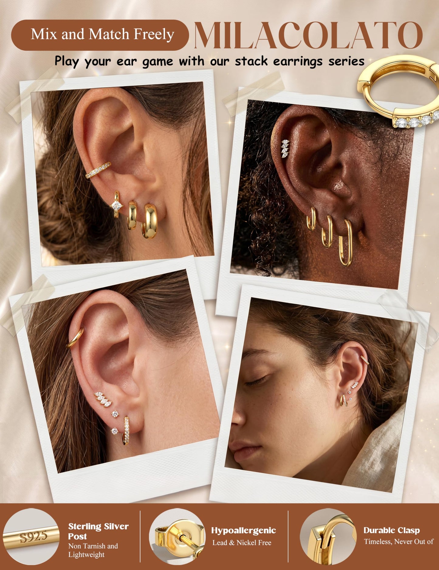 MILACOLATO 925 Sterling Silver Earrings for Women, 14K Gold Plated Small Huggie Hoop Earrings Sets for Multiple Piercing Hypoallergenic Jewelry, CZ Cartilage Earrings Stacks Trendy Jewelry Gifts, 3 Pairs-D