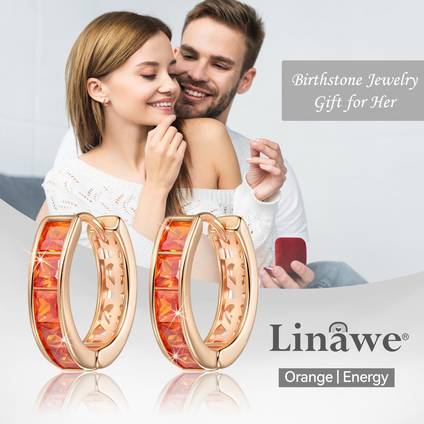 Linawe Hoop Huggie Earrings for Women, Rose Gold Cartilage Helix Tragus Piercing Jewelry, Orange Cubic Zirconia Imitation Diamond Rhinestone Crystal Stud Earrings Dainty Small Hoops