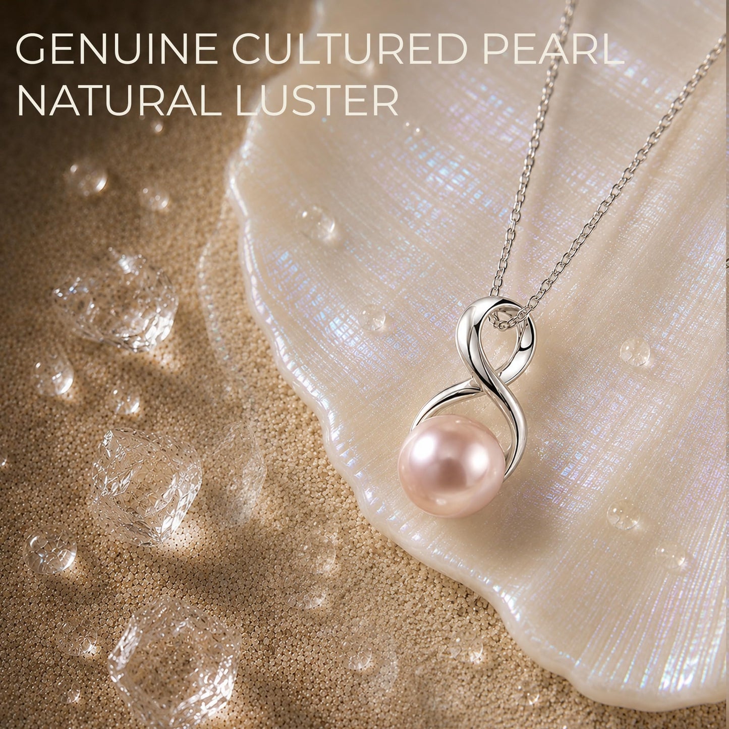 The Pearl Source Real Pearl Pendant Necklace for Women, 14K Gold Plated Sterling Silver, Genuine AAAA Cultured Freshwater Pearl, 9-9.5mm Pink Pearl Infinity Pendant Necklace, Adjustable Chain