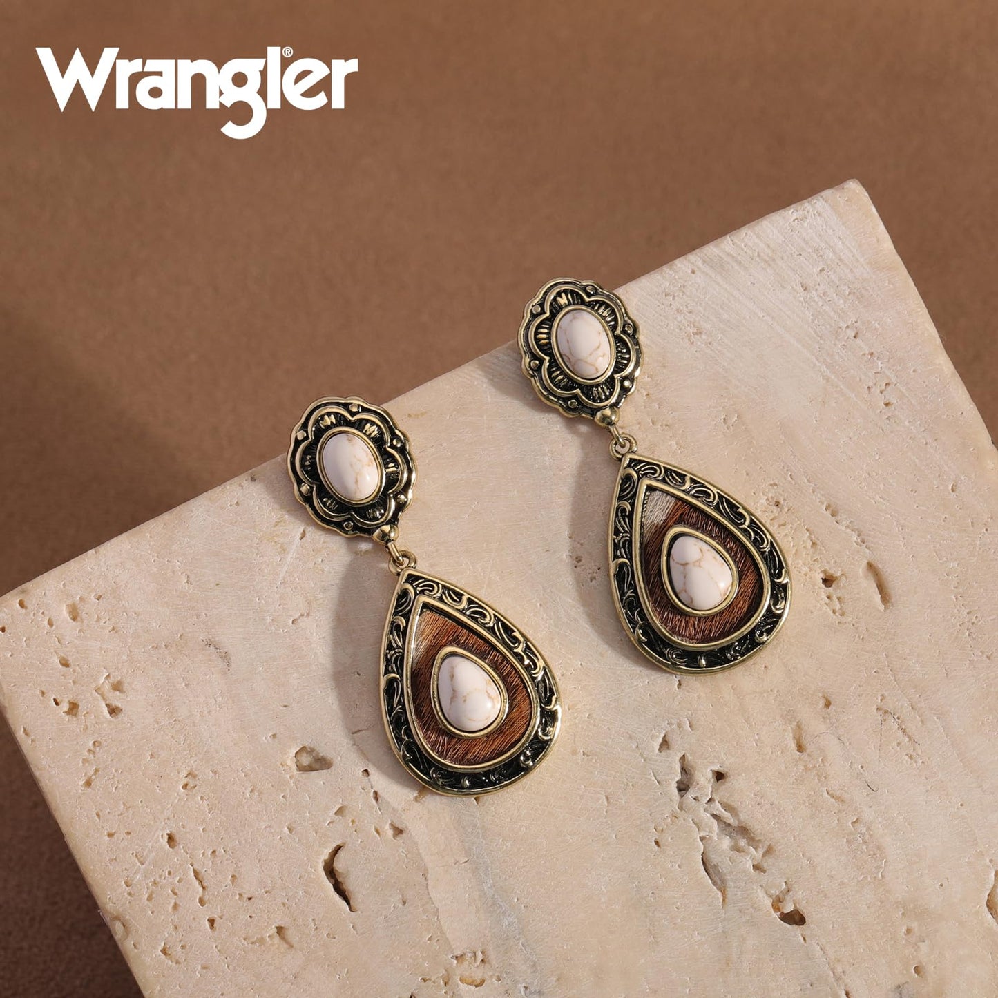 Wrangler Western TearDrop Dangle Earrings for Women Country Statement Genuine Horsehair Turquoise Vintage Cowgirl Cowboy Jewelry (Gold-White)