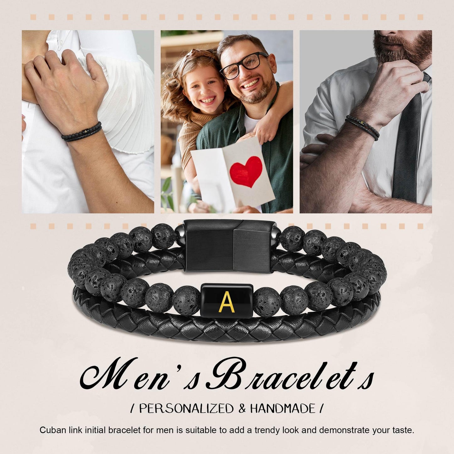 Mens Leather Bracelet with Initial - Men Gift Lava Rock Bead Magnetic Clasp Black Leather Bracelets Mens Gifts Men Bracelets with Initial V Bracelet for Men's Jewelry Men's Gifts for Dad Husband Him