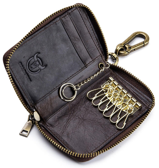Men's Zipper Key Organizer Rfid Wallet with 6 Hooks Leather Key Holder Case (Dark brown)