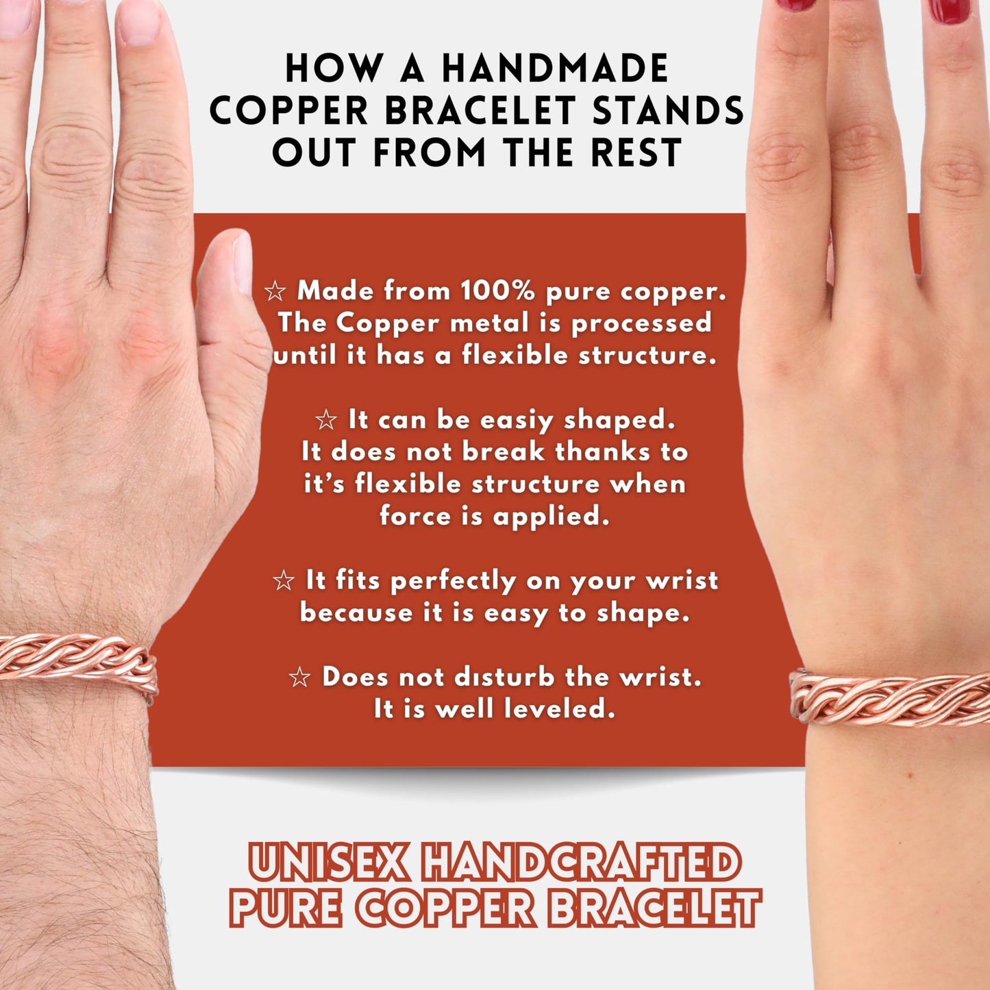 tunarts Handmade Elegant Copper Bracelet for Women and Men-Pure Copper Bracelet for Pain Relief-Adjustable,Thickest,Twisted Copper Wire Bracelet (red folded)