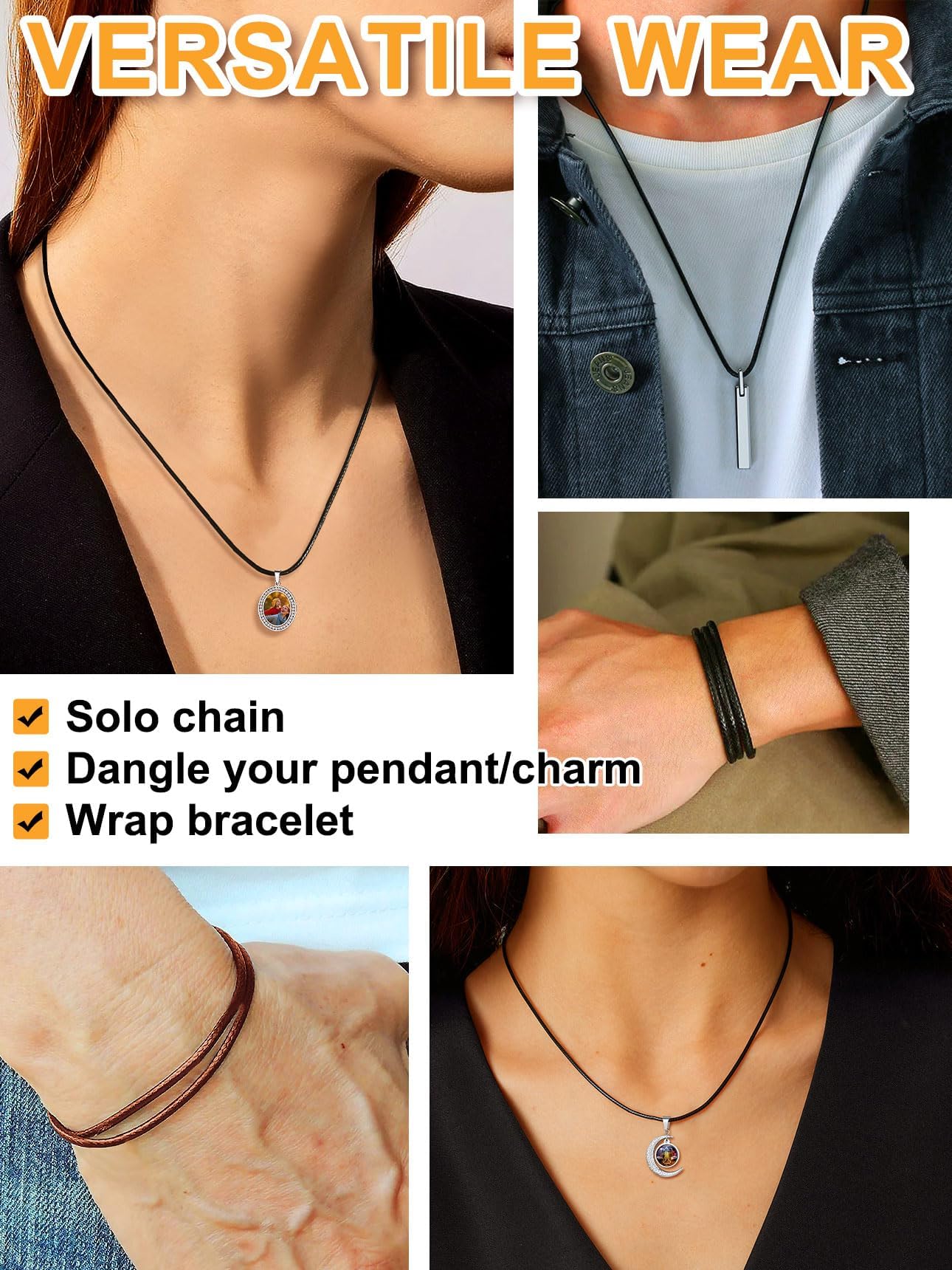 Bestyle 3MM Black Leather Necklace for Men Women,Waterproof Wax Woven Rope Chain with Stainless Steel Clasp, Leather Cord Necklace for Pendants 30"