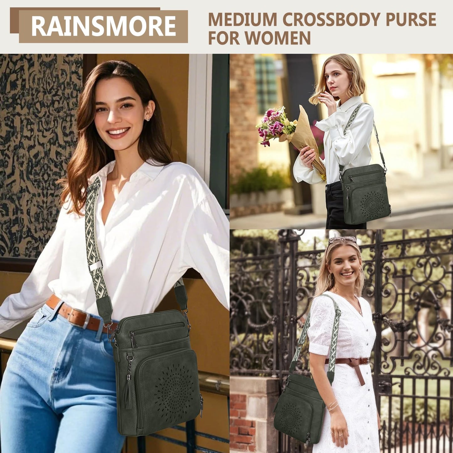 RAINSMORE Crossbody Bags for Women Leather Crossbody Purse Designer Womens Shouler Bags Handbags Trendy Medium Cross Body Purse Travel Work, olive green
