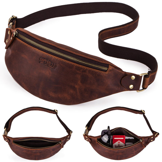 Top Grain Genuine Leather Slim Waist Pack for Man & Woman, Minimalist Vintage Design, Handmade with Detachable Hardware, Slim Fanny Pack Small Crossbody Belt Bag for Traveling or Riding, Coffee